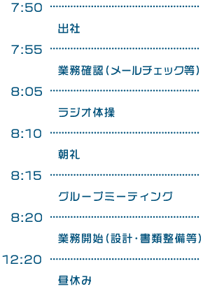 7:50出社／7:55業務確認（メールチェック等）／8:05ラジオ体操／8:10朝礼／8:15グループミーティング／8:20業務開始（設計･書類整備等）／12:20昼休み